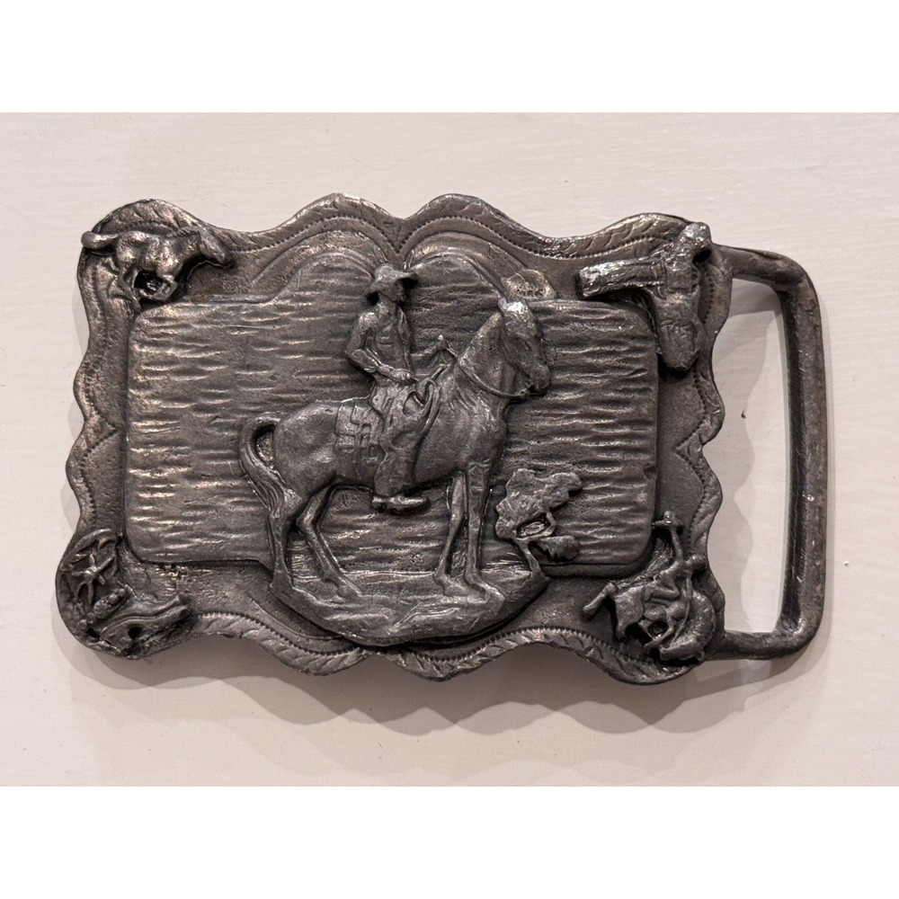 Vintage Belt Buckle American West Cowboy‎ on Horse 4 Corners Feature